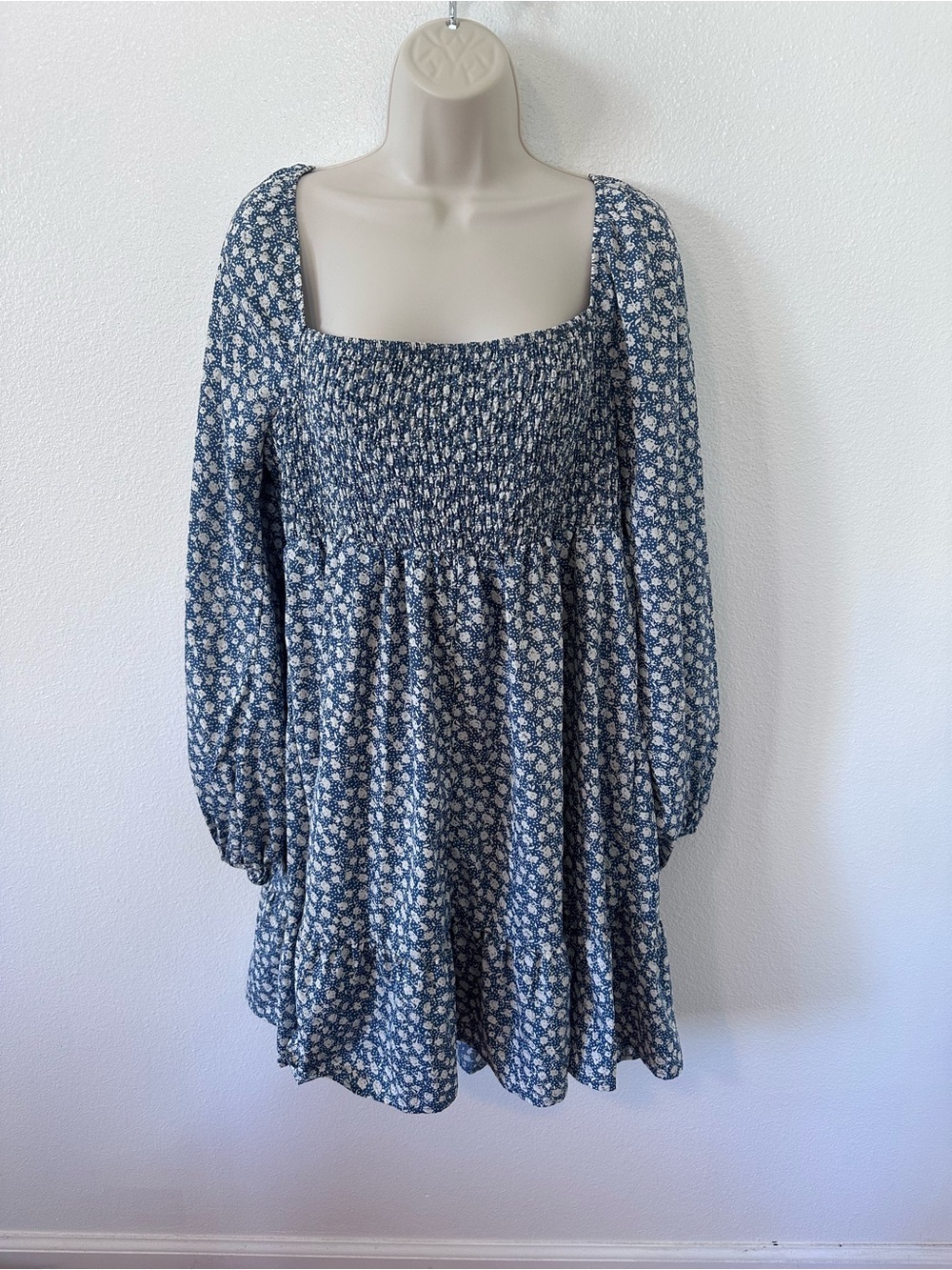 Blue Floral Smocked Babydoll Dress